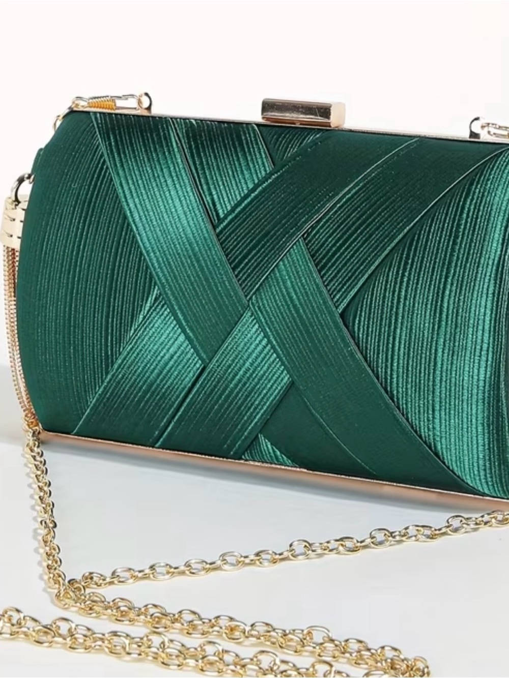 Emerald Satin Crossweave Evening Clutch with Gold Chain